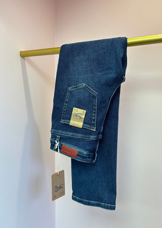 Mid Rise Waist Straight Leg Denim Jeans - Dark Blue